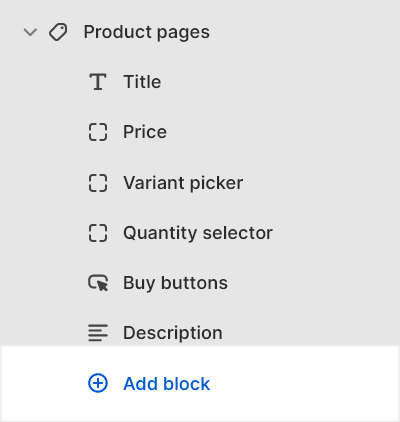 The add block option for a Product pages section menu in Theme editor.