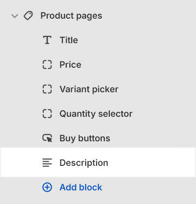 The Description block select inside a Product pages section in Theme editor.