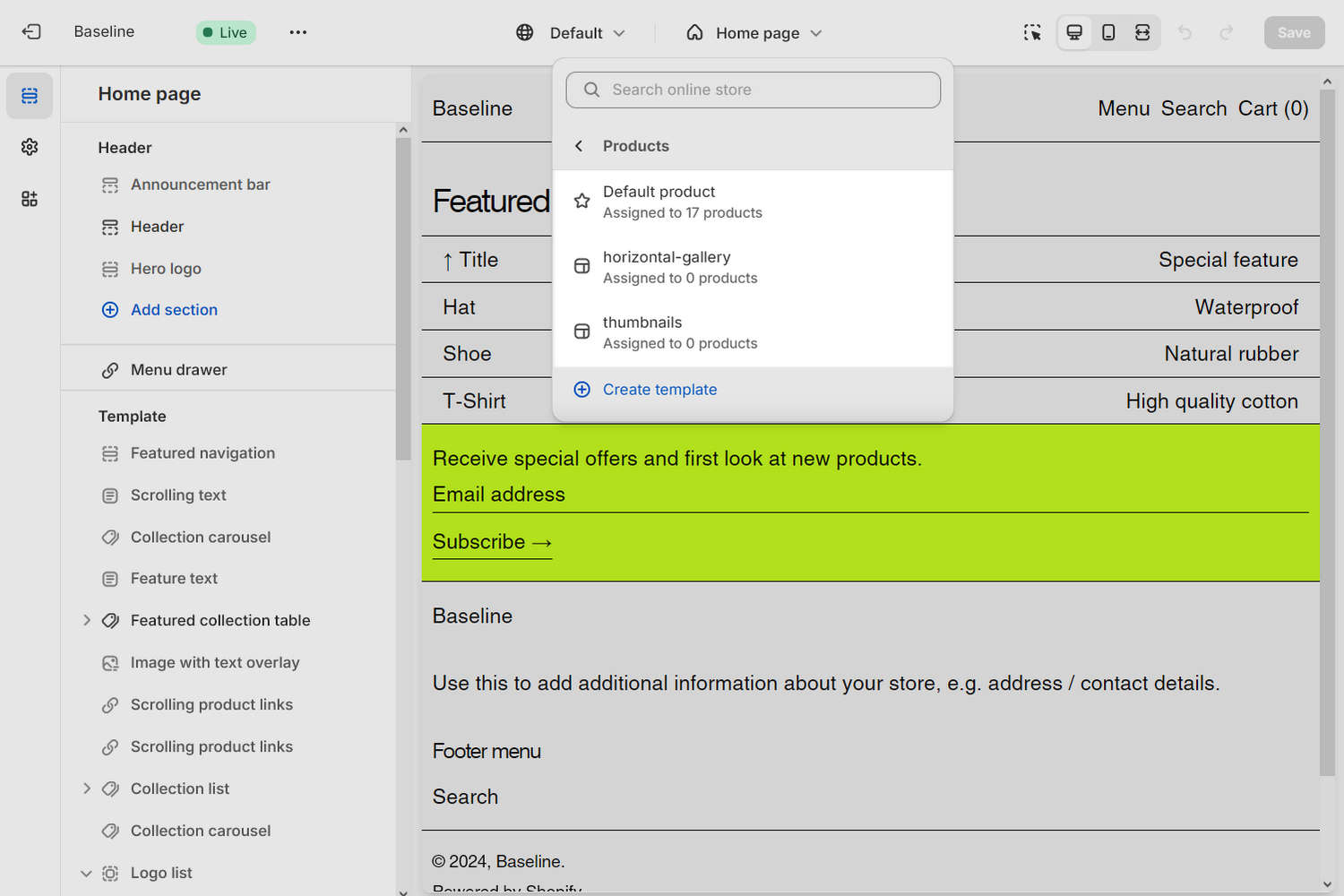 Baseline Product pages selected in the Theme editor dropdown.