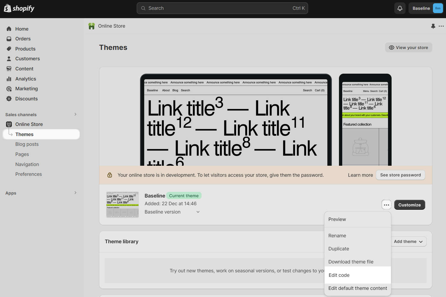 Screenshot of the Editorial theme in the Online Store section of the Shopify Admin with the Actions drop-down menu expanded