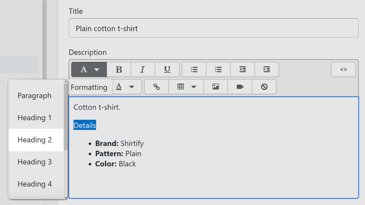 The formatting dropdown set to the heading 2 style