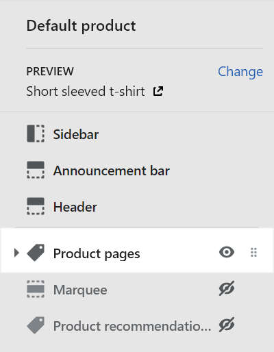 The default product page template menu