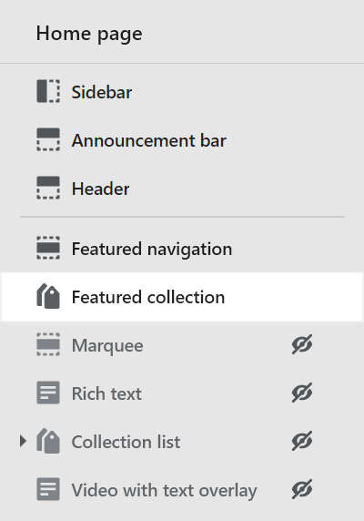 Homepage featured collection store element settings menu