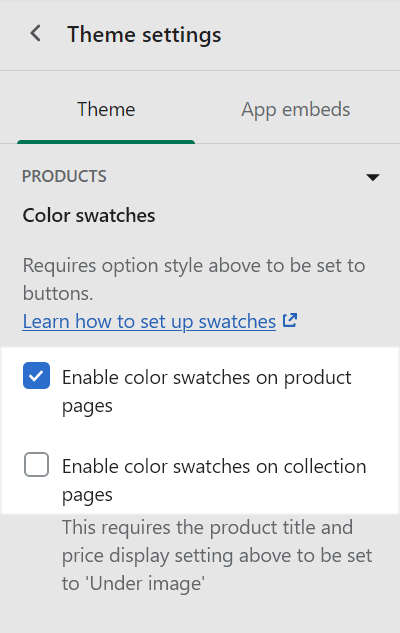 The color swatches checkbox options in Theme settings