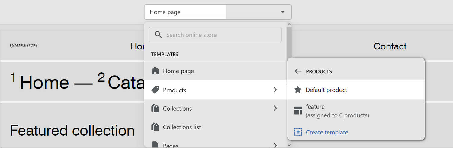 The products page template selected from the top dropdown on the store admin page