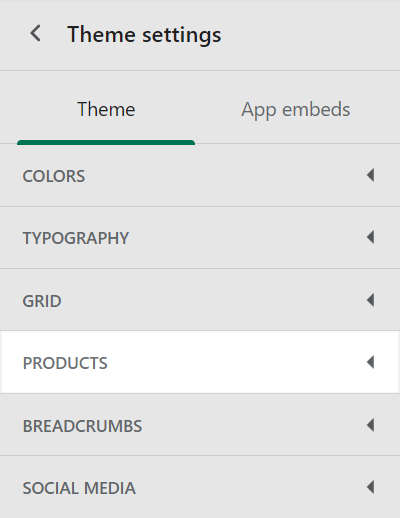 The products menu in Theme settings