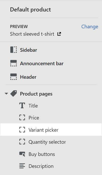 The variant picker option in the product pages section of the sidebar menu