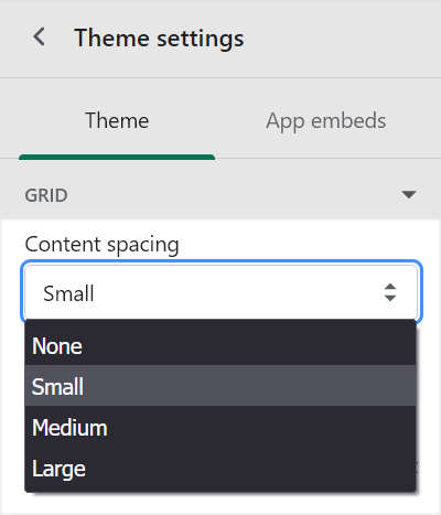 Grid content spacing dropdown options