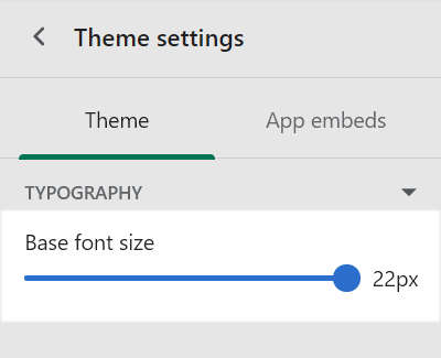 The base font size slider in the typography settings menu