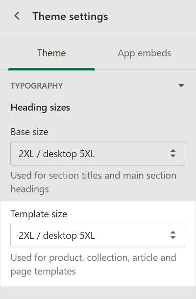 The template size dropdown in the heading size settings menu