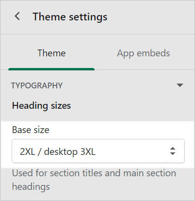 The display base size dropdown, in the Theme Settings menu, with example text sizes