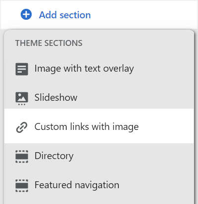 The add custom links with image section option in theme editor