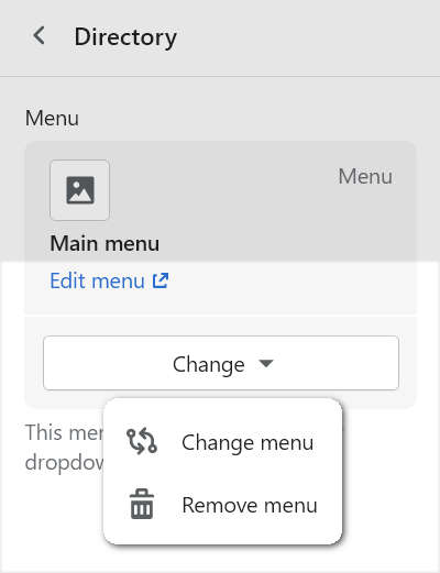 The menu modification options in the directory section menu of theme editor