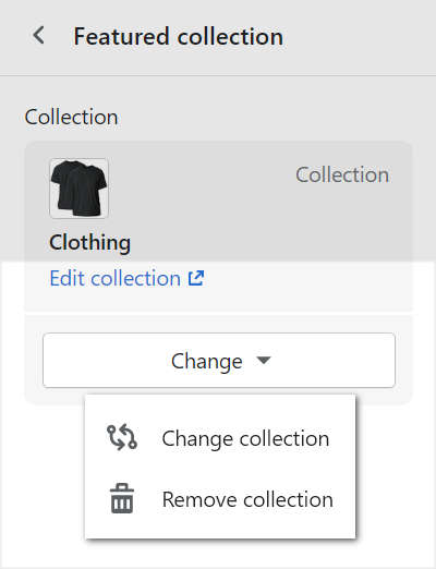 The edit featured collection settings menu in theme editor