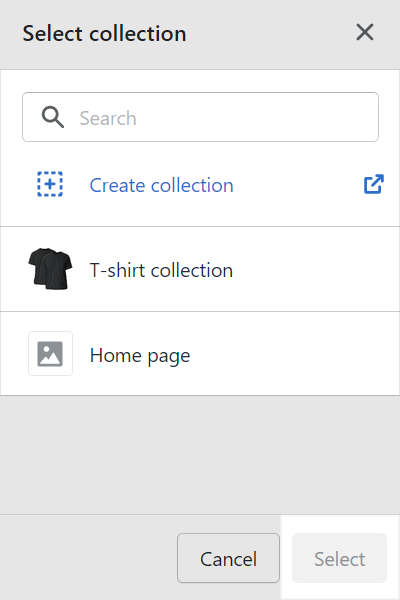 The select featured collection settings menu in theme editor