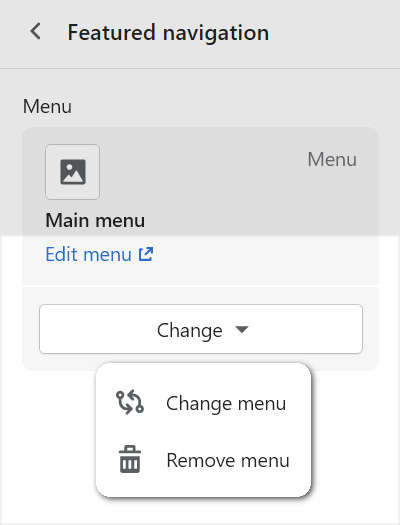 The menu modification options in the featured navigation section menu of theme editor