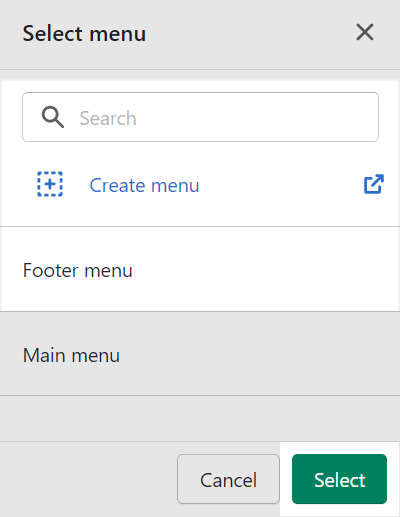 The menu selection options in the featured navigation section menu of theme editor