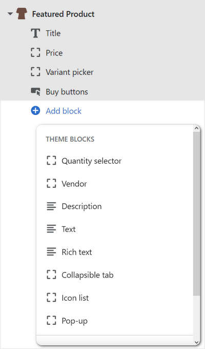 The add block options for the featured product section in theme editor