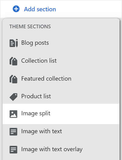 The add image split section option in theme editor