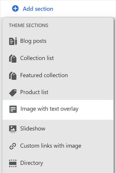 The add image with text overlay section option in theme editor