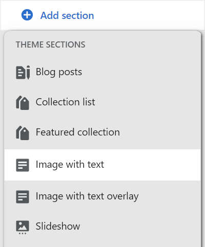 The add image with text section option in theme editor