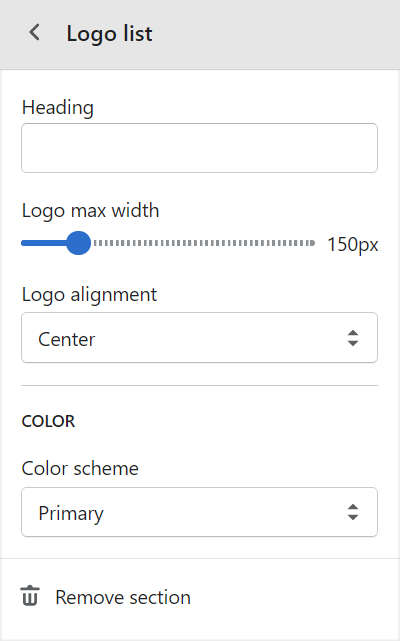The Logo list section menu in Theme editor.