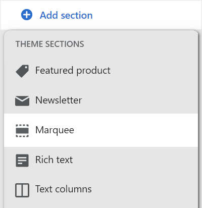 The add marquee section option in theme editor