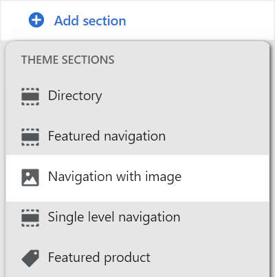 The add navigation with image section option in theme editor