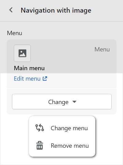 The menu modification options in the navigation with image section menu of theme editor