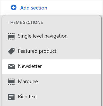 The add newsletter section option in theme editor