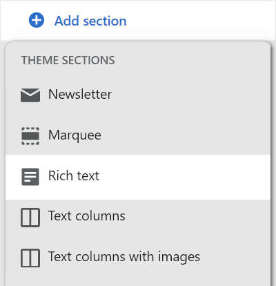 The add rich text section option in theme editor