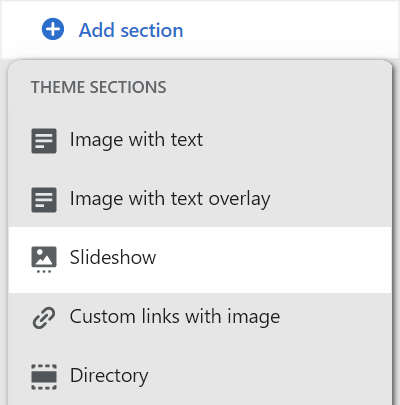 The add slideshow section option in theme editor