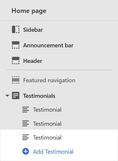 The add testimonial block menu in Theme editor.