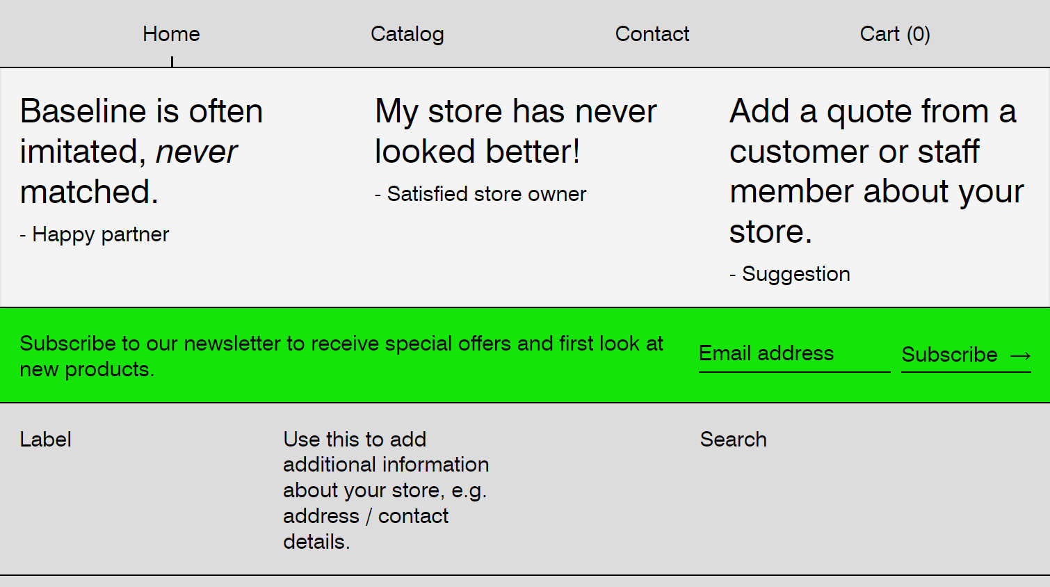 A Testimonials section on an example store's home page.