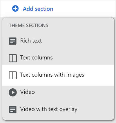 The add text columns with images section option in theme editor