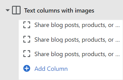 Column blocks selected in the text columns with images section menu in theme editor