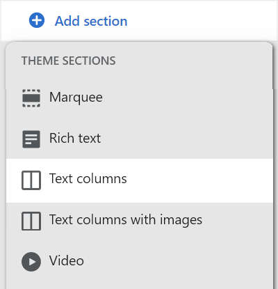 The add text columns section option in theme editor
