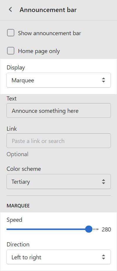 The marquee settings in the announcement bar section of theme editor