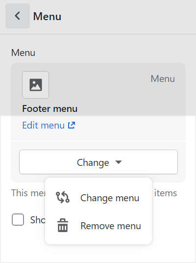 The menu modification options for a footer section in theme editor