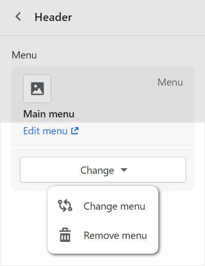 TThe menu modification options in theme editor for the header section