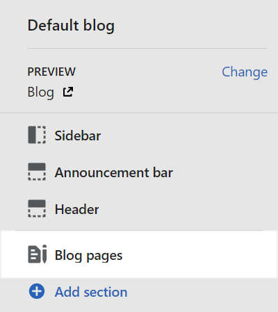 The blog pages section menu in theme editor