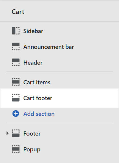 The cart footer section menu in theme editor