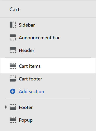 The cart items section menu in theme editor