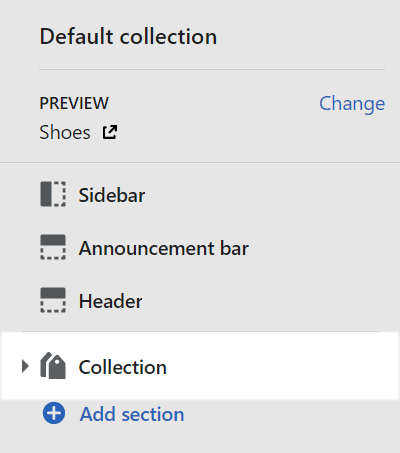 The collection section menu in theme editor