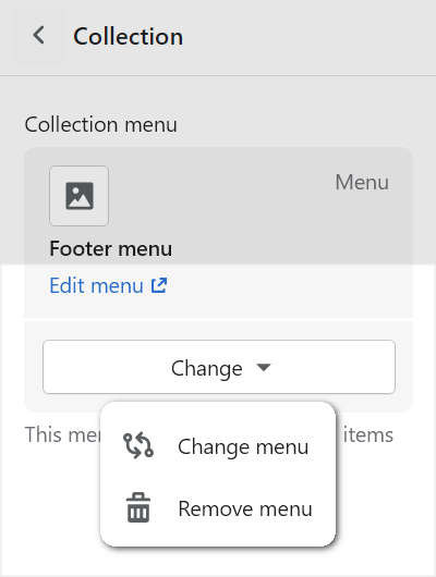 The menu modification options in the collection section of theme editor