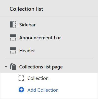 The collection block options for the collections list page section menu in theme editor