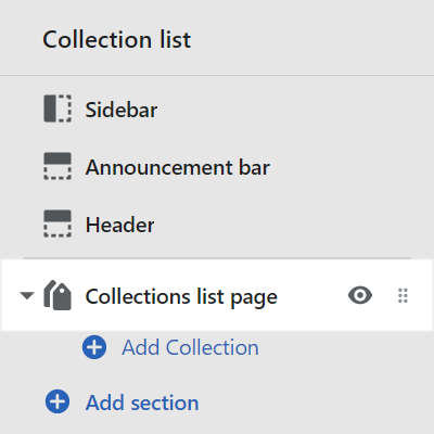 The collections list page section menu in theme editor