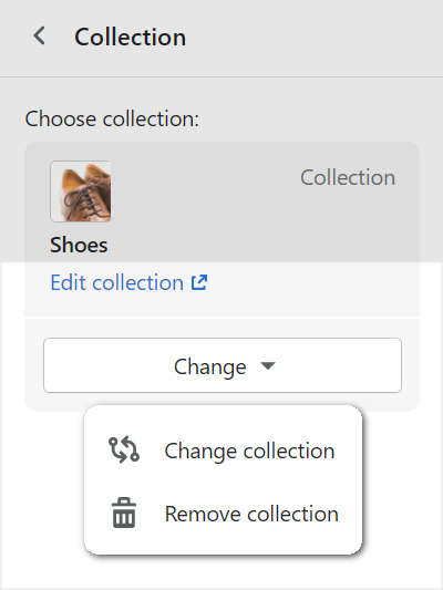 The collection modification options in theme editor for the collections list page section
