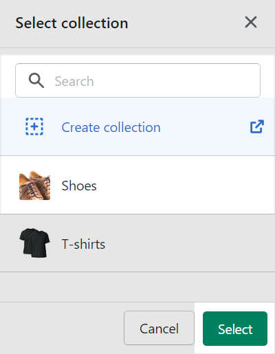 The collection selection options in theme editor for the collections list page section