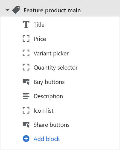 The block options for the feature product main section in theme editor